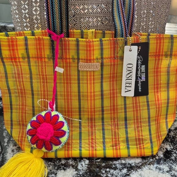 Consuela Handbags - Consuela Yellow Plaid Tote with Pink Floral Tassel Charm